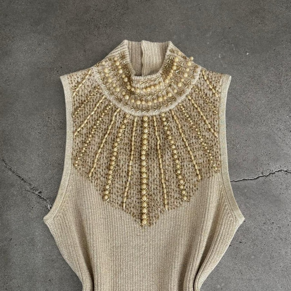 💔SOLD💔 Cache Gold Knit Top with Beaded Detail - Picture 2 of 5